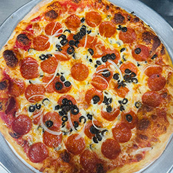 Joey Novas Pizza, pepperoni, olives and onions, hot and fresh!